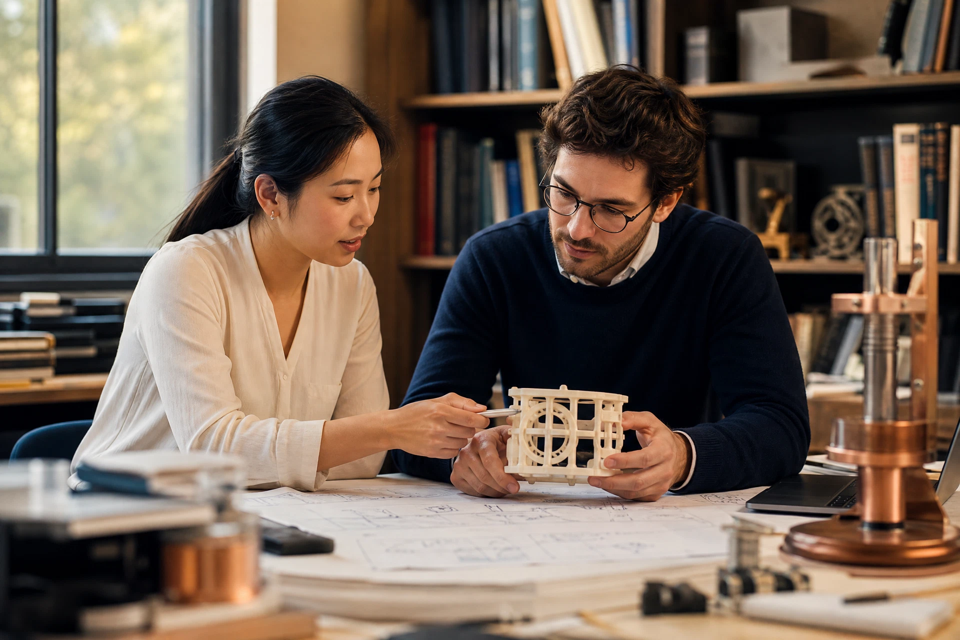 Engineer and researcher reviewing a prototype device